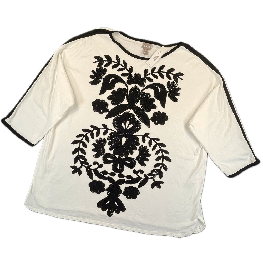 Chico's Embroidered Floral Crew Neck Top Size 4 White Cotton Modal Artsy Tunic